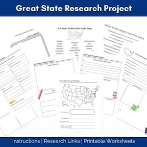 May include: Black and white printable worksheets for a research project about the United States. The worksheets include a map of the United States, a state motto section, and a section for state visitor information.