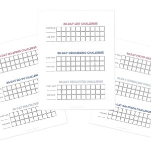 30-day challenge checkoff charts in gray, coral, and navy color scheme