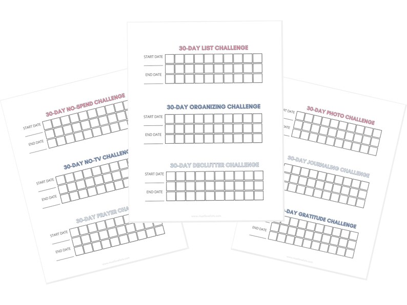 30-day challenge checkoff charts in gray, coral, and navy color scheme
