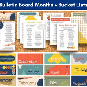 Maandelijkse bucketlists, prikborddecoratie, maanden van het jaar, modern grafisch klasdecor