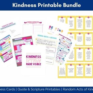 May include: A printable bundle of kindness-themed resources, including cards, quotes, and scripture printables. The bundle features colorful designs with words like "love", "joy", "peace", and "kindness".
