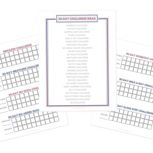 30-day challenge checkoff charts in gray, coral, and navy color scheme. List of 30-day challenge ideas.