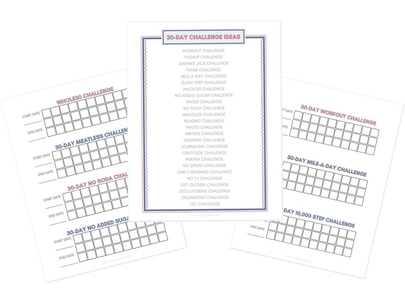 30-day challenge checkoff charts in gray, coral, and navy color scheme. List of 30-day challenge ideas.