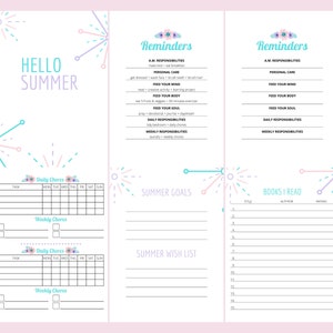 May include: A pink and blue printable planner with a summer theme. The planner includes sections for daily and weekly chores, summer goals, a summer wish list, and a book log. The planner has a fun, colorful design with fireworks and flowers.