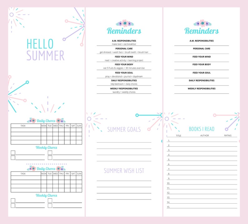 May include: A pink and blue printable planner with a summer theme. The planner includes sections for daily and weekly chores, summer goals, a summer wish list, and a book log. The planner has a fun, colorful design with fireworks and flowers.