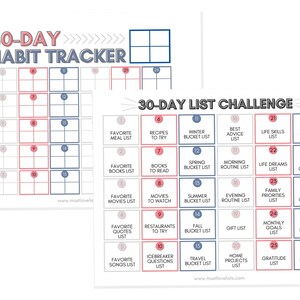 30-day habit tracker and 30-day list challenge in gray, coral, and navy