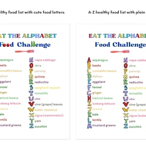 A-Z healthy food list. Eat the Alphabet A-Z food challenge.