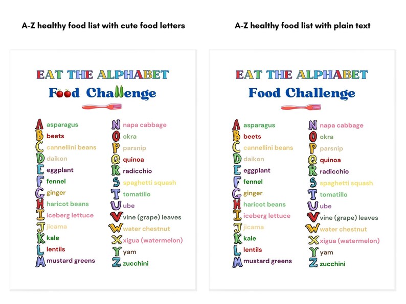 A-Z healthy food list. Eat the Alphabet A-Z food challenge.