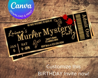 Murder Mystery Birthday Ticket Invitation, Editable Template (Canva)