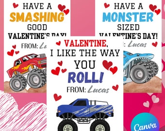 Monster Truck Valentine Boys DIY Printable Editable Instant Digital Download Monster Truck Kids Valentine's Day