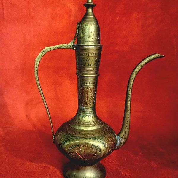 Vintage India Etched Enameled Brass Surah Dallah Teapot, Pitcher, Ewer