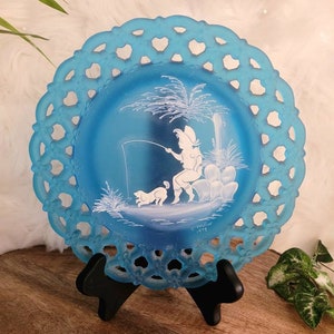 Vintage WESTMORELAND Lattice Frosted Blue Glass Hand Painted Decorative Art Plate 1979 Signed
