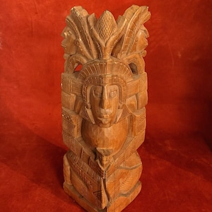Vintage Hand Carved Aztec Tiki God Totem Solid Wood Statue 14"