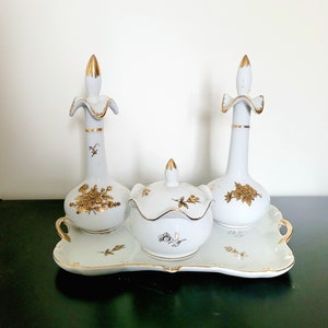 Vintage Gold Gilt Floral Art Porcelain Vanity Set 1950s~Vanity Tray, 2 Perfume Bottle Decanters, Lidded Bowl