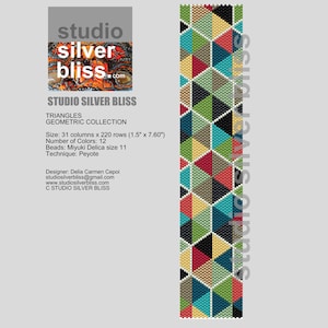 May include: A colorful beaded bracelet with a geometric pattern of triangles. The bracelet is 1.5 inches wide and 7.6 inches long. The design is called "Triangles" and is part of the "Geometric Collection".