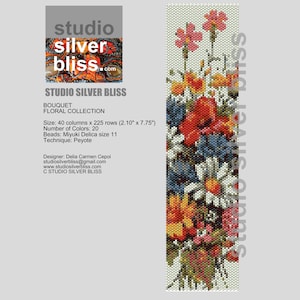 May include: A beaded floral design featuring a bouquet of flowers in shades of red, orange, blue, and white. The design is 2.10 inches wide and 7.75 inches long. The text "STUDIO SILVER BLISS" and other details are also included.