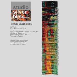 May include: A beaded pattern for a colorful ripple bracelet, using Miyuki Delica beads in size 11. The pattern is 1.6 inches wide and 6.9 inches long, and uses 19 colors. The pattern is designed by Delia Carmen Cepoi and is available on the website studiosilverbliss.com.
