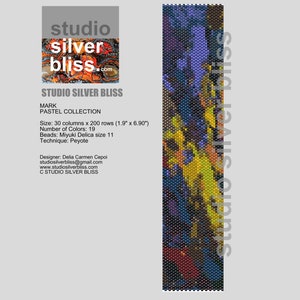 Puede incluir: Un diseño de patrón de cuentas para un brazalete de cuentas colorido, con una mezcla de cuentas azules, moradas, amarillas y verdes. El diseño se llama "Mark" y forma parte de la "Pastel Collection" de Studio Silver Bliss. El diseño tiene 1,9 pulgadas de ancho y 6,9 pulgadas de largo.