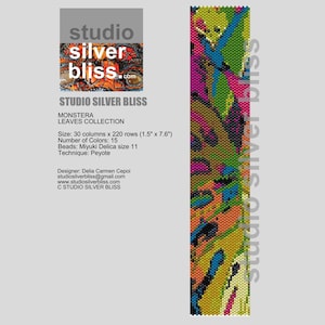 May include: A colorful beaded pattern of a Monstera leaf, created using the peyote stitch. The pattern is 1.5 inches wide and 7.6 inches long. The pattern is designed by Delia Carmen Cepoi and is available on the Studio Silver Bliss website.