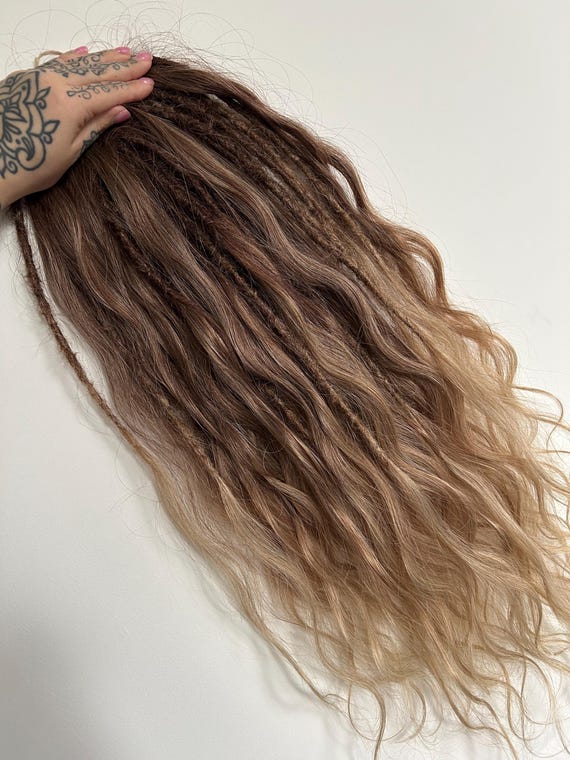 Brown Blonde Ombre Dreadlocks with Curls,  Soft Boho DE Dreads, Natural Looking Synthetic Dread Extensions ,  Curly Dreads, Wavy locs
