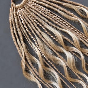 May include: A set of blonde hair extensions attached to a circular brown hair tie. The extensions feature a mix of textured dreadlocks, thin braided strands, and loose wavy hair sections in various shades of light blonde and golden blonde tones.