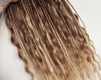 Boho Ombre Dreadlocks Set with Braids Twists, Brown Blonde Synthetic DE Dreads, Curly Festival Hair Extensions, Brown Blonde SE Dreads