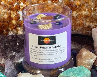 Litha Candle Summer Solstice Candle June 20-22 Herb Infused Candle Crystal Infused Candle