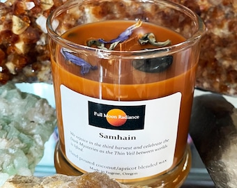 Samhain Autumn Ritual Candle: Herb and Crystal Infused for Wiccan and Pagan Celebrations, Halloween Altar Decor