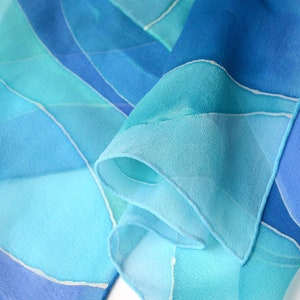 Jenny: Blue Waves Scarf, Ocean Themed Gift, Blues and Teals Mother's Day Gift, Ocean Wave Motif, Beautiful Long Silk Scarf