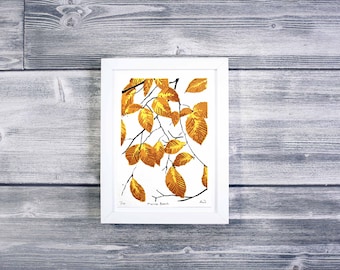 Silkscreen Beech Leaf Print, Hand Printed Serigraph, Art Print Silkscreen Wall Decor for Bedroom, Bathroom, Entryway