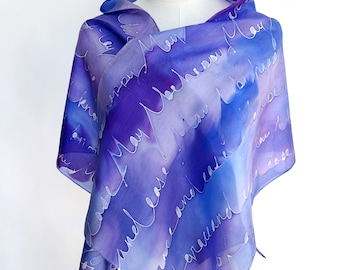 Metta Scarf: loving kindness meditation hand drawn on beautiful purple silk wrap