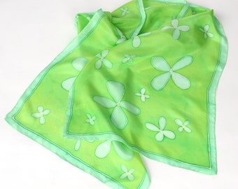 Josie: Floral batik silk scarf, mint green on green with border, pretty hand painted scarf, mother's day gift
