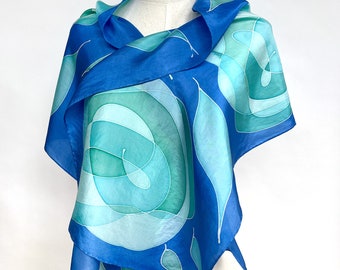 Alva May: Teal Roses on Royal Blue Silk Scarf