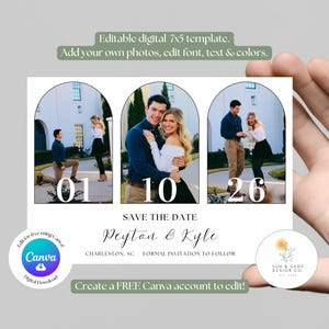 Könnte beinhalten: Eine digitale 7x5 Vorlage für eine Save-the-Date-Karte. Die Karte zeigt drei Fotos eines Paares, mit dem Datum "01 10 26". Die Namen "Peyton & Kyle" stehen unter den Fotos, zusammen mit dem Text "Charleston, SC Formal Invitation to Follow."