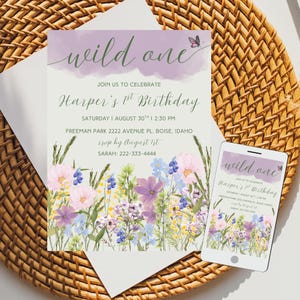 Wild One Birthday Invitation: Purple Wildflower, Girl 1st Birthday (Editable Canva Template)