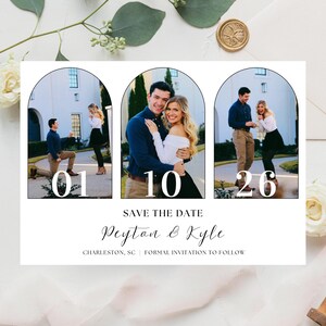 Könnte beinhalten: Eine weiße Save-the-Date-Karte mit drei bogenförmigen Fotorahmen. Die Fotos zeigen ein Paar in verschiedenen Posen. Die Karte enthält die Daten 01, 10 und 26 sowie den Text "SAVE THE DATE" und die Namen "Peyton & Kyle".