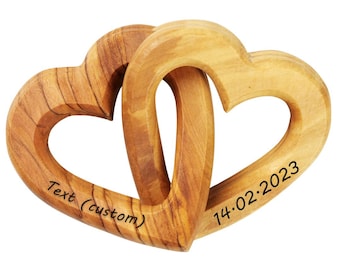 Cadeau de mariage personnalisé, cadeau d'anniversaire | Décoration en bois d'olivier en forme de cœur entrelacé, idéale pour la Saint-Valentin ou un anniversaire.