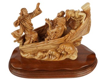 Hand-carved boat scene “Jesus calms the storm” – Exclusive olive wood sculpture from Bethlehem (36 cm)