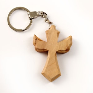 Olive wood personalized keychain cross in angel shape with engraving