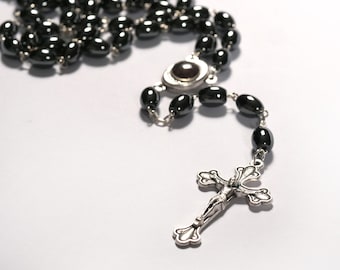 Rosary with oval hematite beads 53 cm handmade and good quality from Bethlehem Guardian Angel Christian gift Baptism jewelry