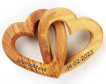 Cuori collegati personalizzati in legno d'ulivo 7,50 cm regalo per matrimonio, San Valentino, anniversario