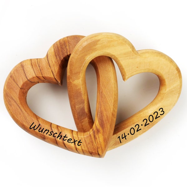 Coeurs Connectés Personnalisés en Bois d'Olivier 7,50 cm Cadeau Anniversaire Saint Valentin Mariage