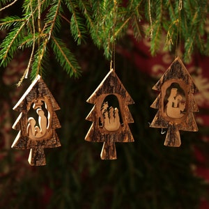 Olive wood Christmas decoration tree decoration nativity set of 3 Christmas tree pendants with bark Christmas gift Christmas decoration