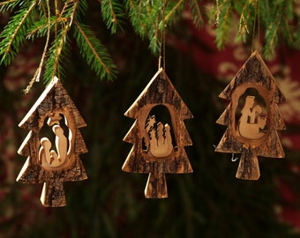 Olive wood Christmas decoration tree decoration nativity scene set of 3 Christmas tree pendants with bark Christmas gift Christmas decoration