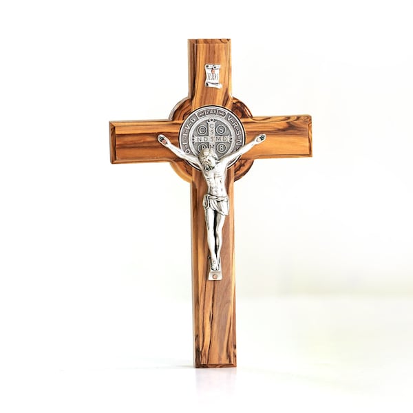 Olivenholz St. Benedikt Kreuz Benediktuskreuz Wandkreuz Kruzifix aus Bethlehem Taufgeschenk Schutzengel Christliches Geschenk