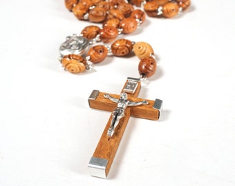 Rosenkranz mit dekorierten Perlen aus Olivenholz 50 cm handgemacht gute Qualität aus Bethlehem Schutzengel Christliches Geschenk Taufschmuck