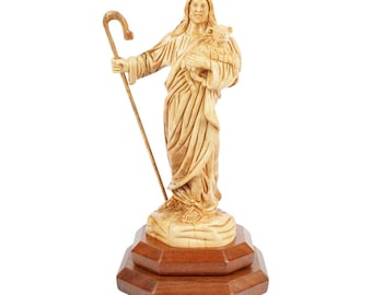 The Good Shepherd made of olive wood – Hand-carved Jesus figure with lamb (26.5 cm)