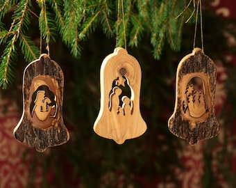 Olive wood Christmas decoration tree decoration nativity scene set of 3 bell pendant with bark Christmas gift Christmas decoration