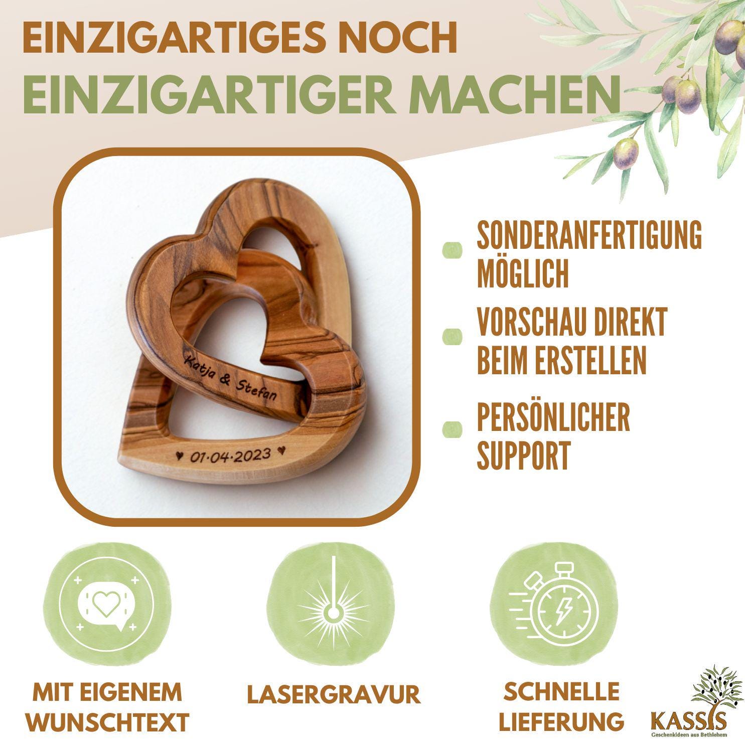 Kassis Cu0153urs En Bois D'Olivier Pour Couple U2013 Cadeau De Mariage