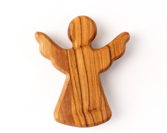 Olive wood guardian angel, palm-shaped lucky charm, gift for First Communion, Baptism, Confirmation